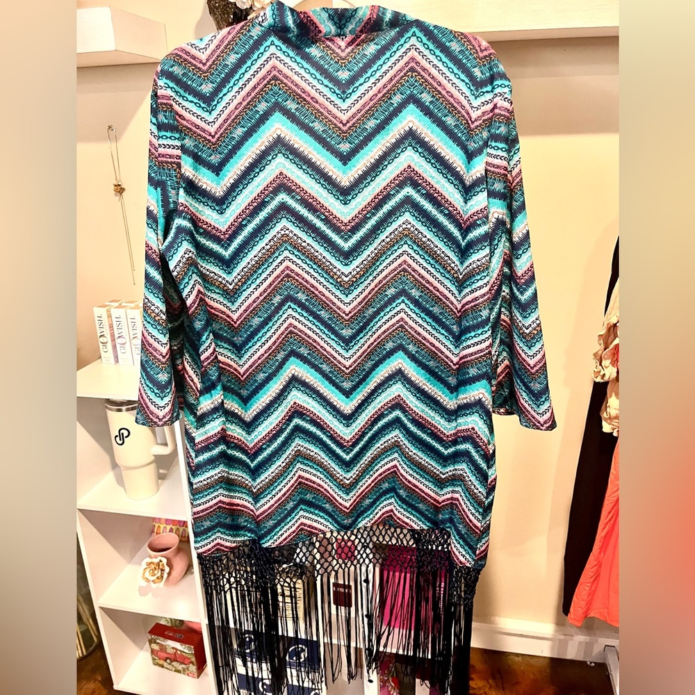 Wrangler Multicolor Chevron Fringe Knit Tunic - Teal, Navy, Pink - Picture 7 of 7